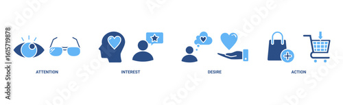 AIDA banner web icon vector illustration concept for attention interest desire action with icon of promotion, target, vision, store, ecommerce, and buying