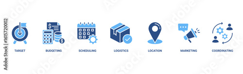 Event management banner web icon vector illustration concept with icon of target, budgeting, scheduling, logistics, location, marketing, and coordination