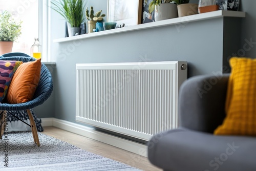 White radiator heater in cozy living room interior
