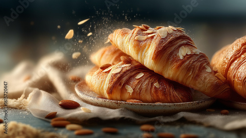 Close-up of a Beautifully Styled Croissant with slided almonds. This image is perfect for upscale commercial and editorial use, particularly for high-end bakeries, cafes, and food publications. 