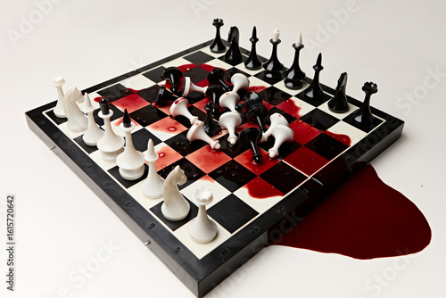 Black and white chess pieces on a chessboard with blood