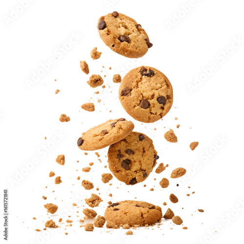 Chocolate chip cookies are falling and floating in the air on a transparent background in studio