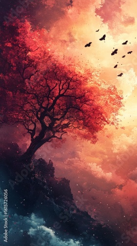 Red Tree on Rocky Hill with Birds Flying Under Colorful Sky