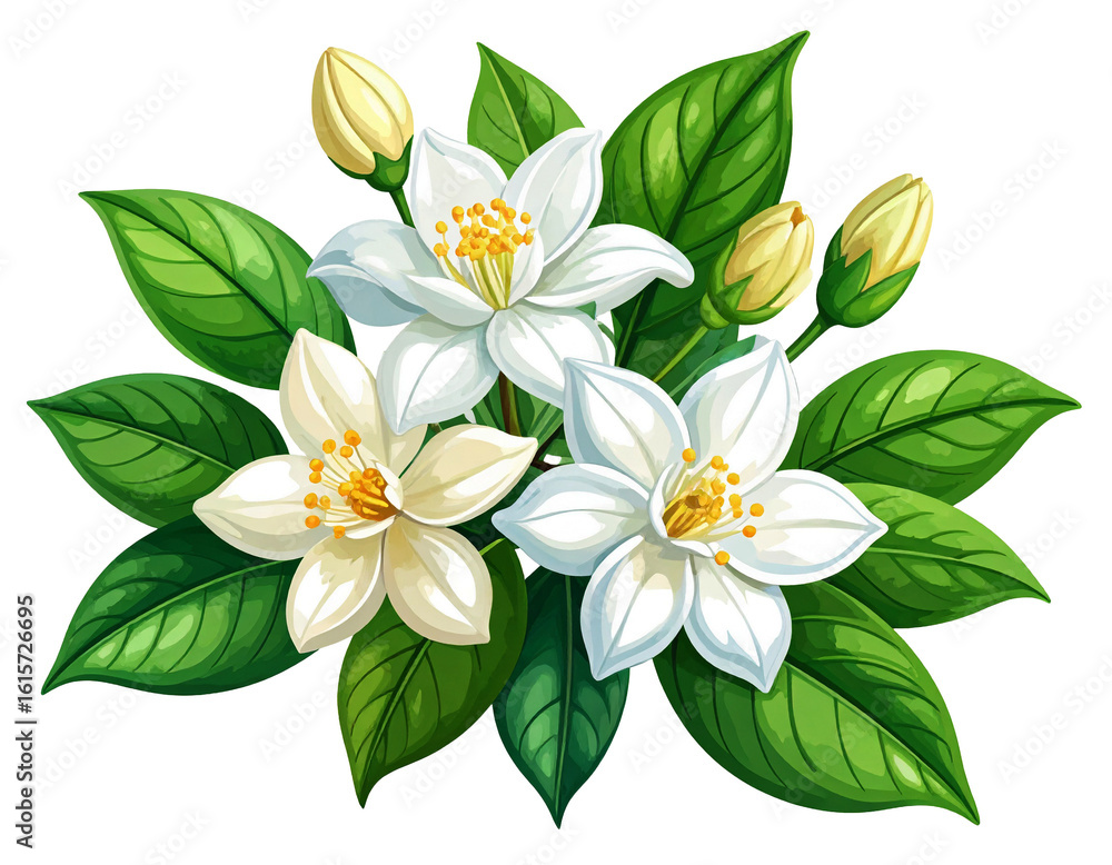 Obraz premium National Mother's Day, White jasmine flowers with green leaves and small buds on a clean white background. Fresh and natural style, soft and elegant details. Perfect for cards, posters, invitations, d