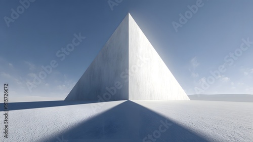 A vast, empty space with a large, white pyramid structure.