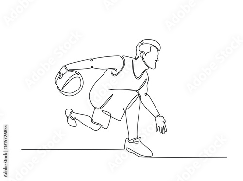 Basketball player in single outline illustration. Continuous line art drawing of basketball player.