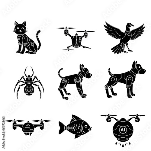 Artificial Intelligence animal: A unique perspective presenting a set of animal AI, featuring animals cat, spider, dog, fish and birds.