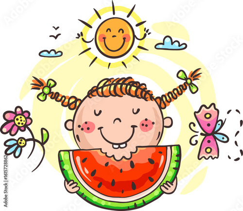 Happy child with watermelon slice. Cute cartoon little girl eating watermelon. Summer season clipart
