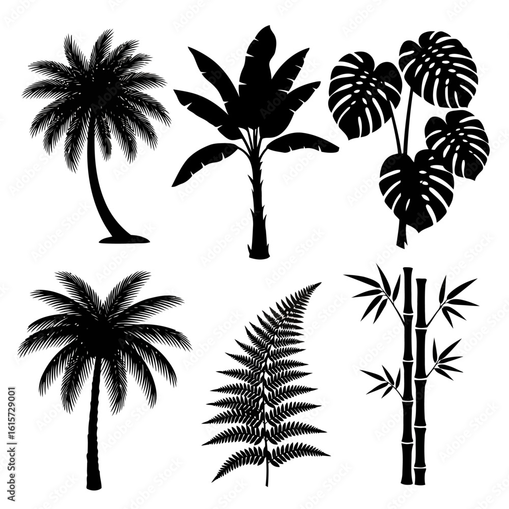 Obraz premium Tropical Paradise Silhouettes: A selection of detailed black silhouettes of diverse tropical plants, including palm trees, banana leaves, ferns, and bamboo, against a clean backdrop.