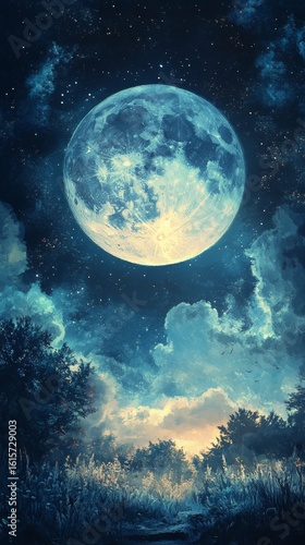 Full Moon Rising Above Landscape with Starry Night Sky