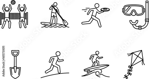 Summer beach activities and sports icons for recreation and fun