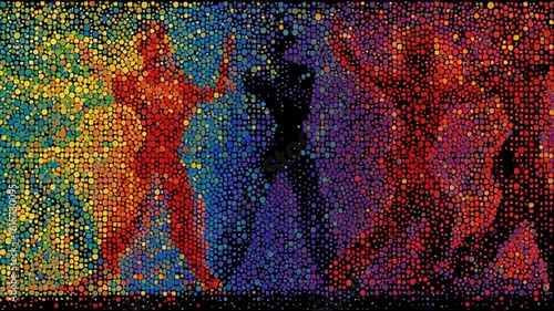 magic-eye stereogram silhouette dancing, random-dot pattern shifts to reveal 3-D dancer when crossing eyes, rainbow palette, subtle pulsating depth 91_51 1 (2)_4K_10s