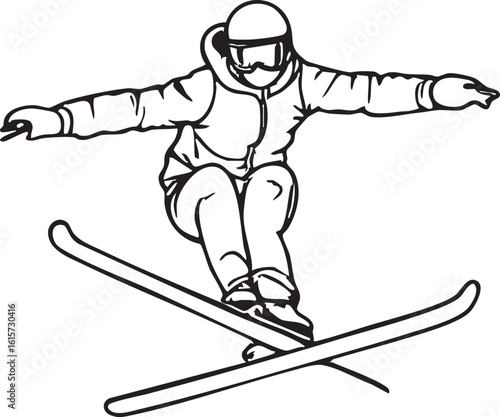 Skier In Mid-Air Performing An Aerial Trick With Arms Extended on White Background