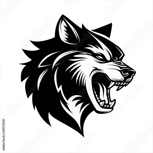 Aggressive Roaring Wolf Head Vector - Fierce Black and White Mascot