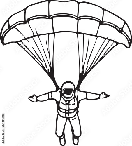 Skydiver Descent: Detailed Line Drawing of a Parachutist Against White Backdrop