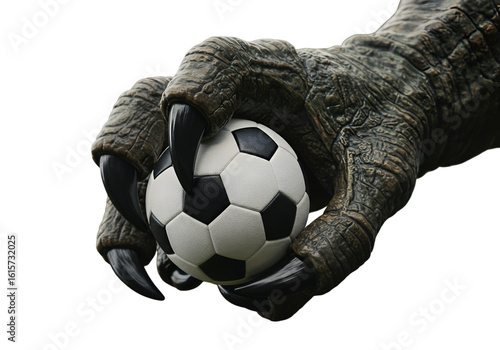 Realistic Illustration of a Dinosaur Claw Holding a Soccer Ball on Black