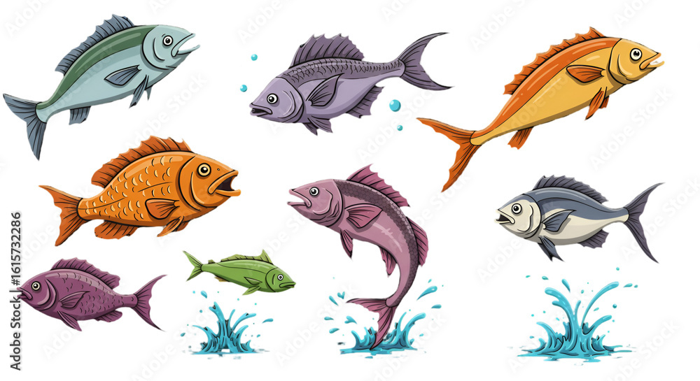 Naklejka premium Pixel Art Fish Illustration Set Isolated On Transparent Background