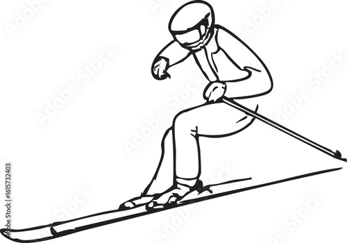 Single Skier Line Drawing Executing Downhill Skiing on White Background. Minimalist Art.
