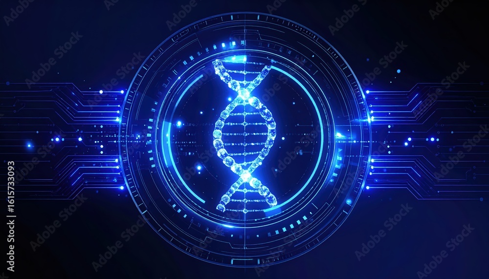 Obraz premium Futuristic Digital DNA Helix with Bright Blue Glowing Effects and High-Tech Interface Elements