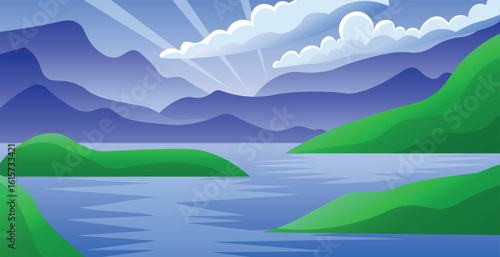 Vector landscape illustration of a calm river surrounded by green hills and layered blue mountains in the distance. The sky is decorated with white fluffy clouds and sunbeams