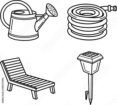 Garden essentials watering can hose lounger and solar light