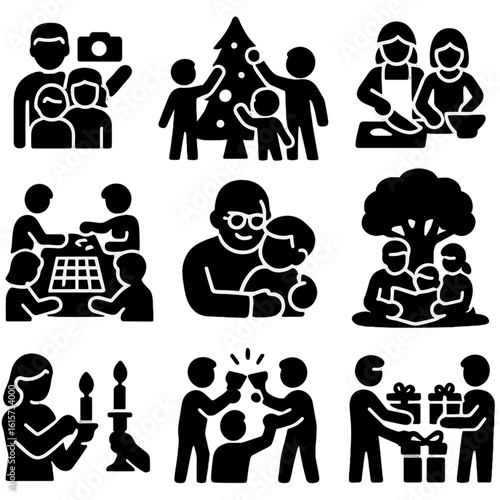 Family Tradition Icons. Solid style icons of family traditions and bonding: group photo moment, kids helping decorate, meal prep
