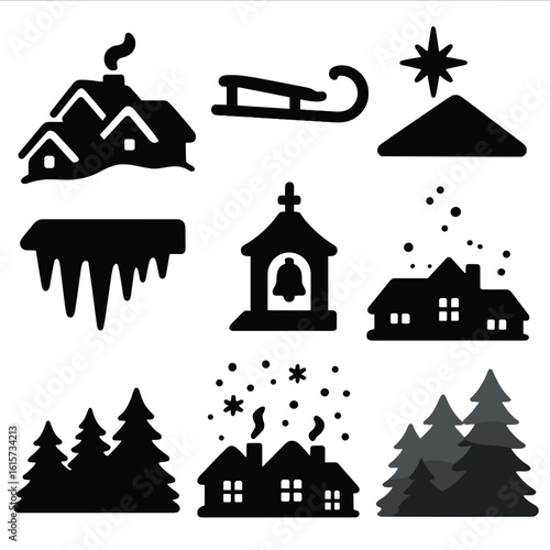 Snowy Village Silhouettes. Solid style icons of snowy village rooftops and silhouettes: rooftops with chimney smoke, silhouette of