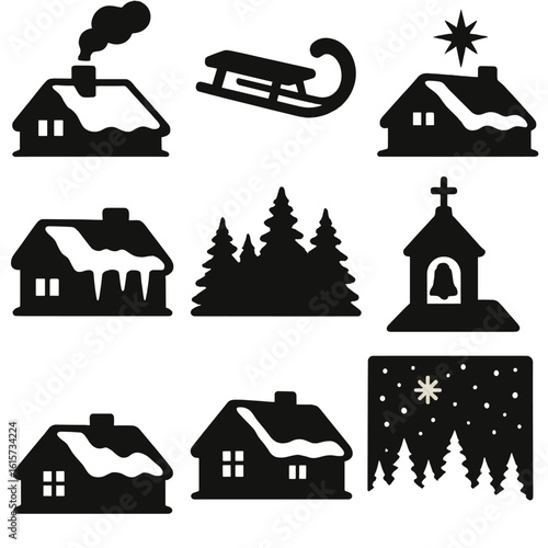 Snowy Village Silhouettes. Solid style icons of snowy village rooftops and silhouettes: rooftops with chimney smoke, silhouette of