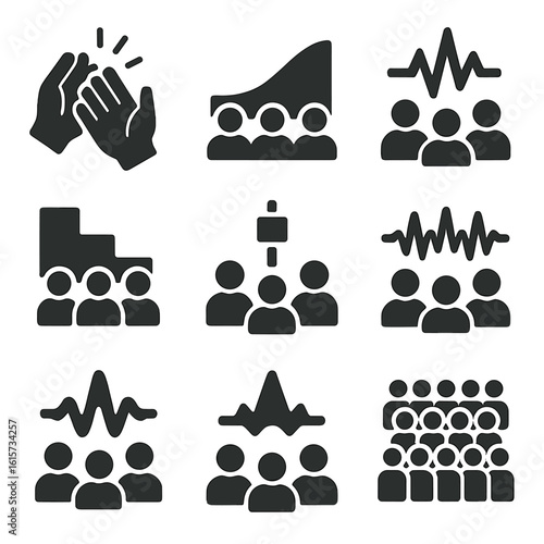 Sound Reaction Icons. Solid style icons of crowd and audience sound reactions: clapping wave burst, cheer volume curve, stadium