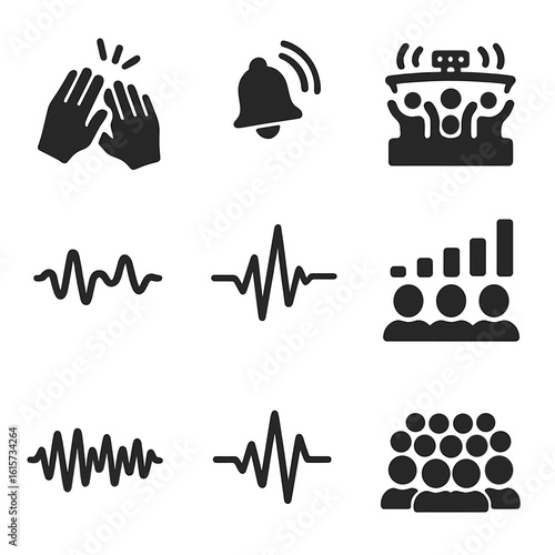 Sound Reaction Icons. Solid style icons of crowd and audience sound reactions: clapping wave burst, cheer volume curve, stadium