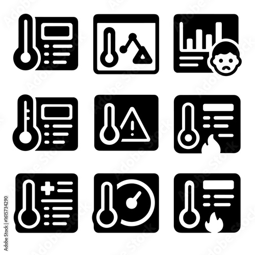 Digital Health Dashboards. Solid style icons of digital health dashboards with thermometer: health app with temp log, daily