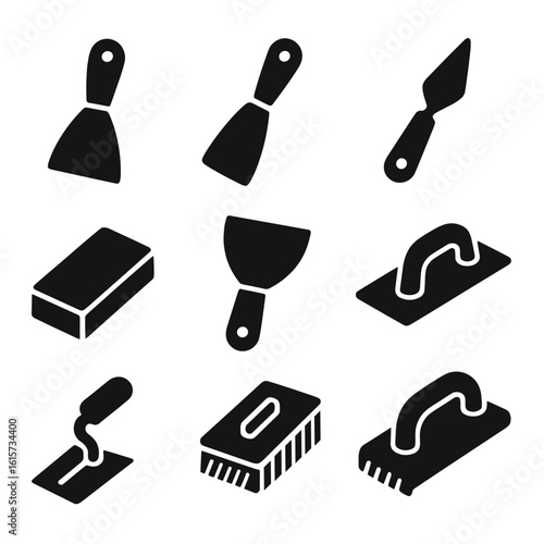 Finishing Tools Icons. Solid style icons of finishing tools: putty knife, paint scraper, caulking tool, sanding sponge, joint