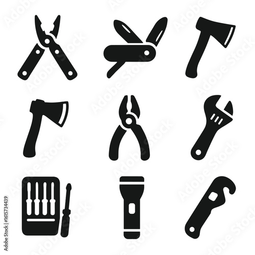 Utility Tool Icons. Solid style icons of multi-purpose utility tools: multitool, Swiss knife, folding saw, survival axe, utility