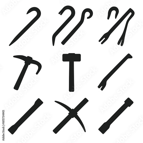 Demolition Tools Icons. Solid style icons of demolition tools: crowbar, pry bar, wrecking bar, mattock, sledgehammer, nail puller,