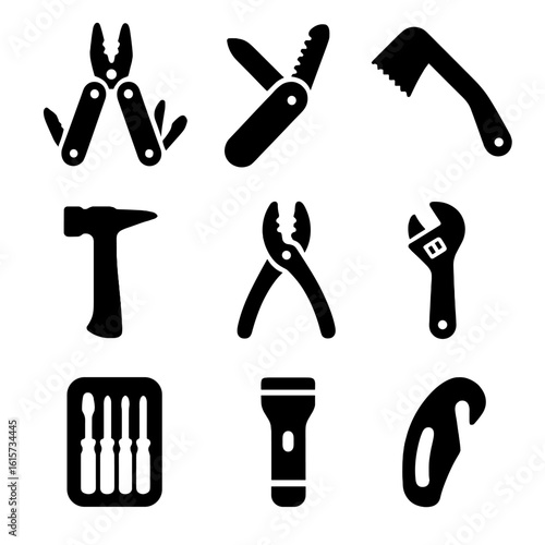 Utility Tool Icons. Solid style icons of multi-purpose utility tools: multitool, Swiss knife, folding saw, survival axe, utility