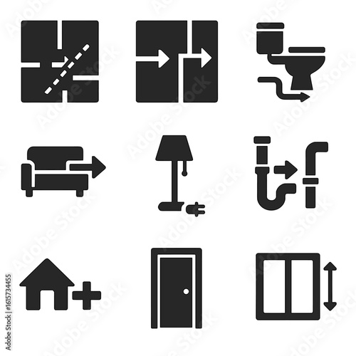 Renovation Plans Icons. Solid style icons of remodeling and renovation layouts: wall removal plan, new partition line, relocation