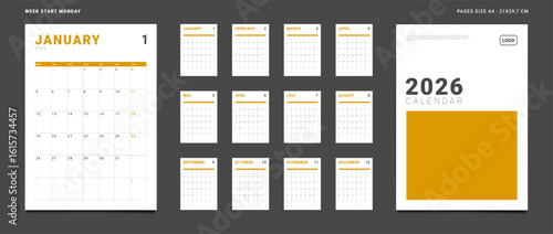2026 Calendar Planner Set of new Template Monthly Page and cover with Place for Photo, Company Logo. Vector layout grid vertical of wall or desk organizer. Week start Monday for print. Pages A4
