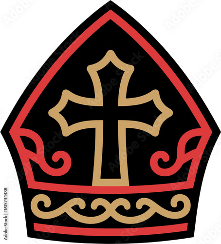 Minimalist Two-Color Bishop Mitre Vector with Gold Cross and Red Accents