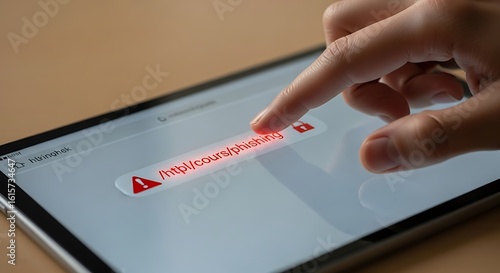 A person identifying a malicious phishing link on a tablet screen, highlighting a cybersecurity awareness concept with a red warning alert.