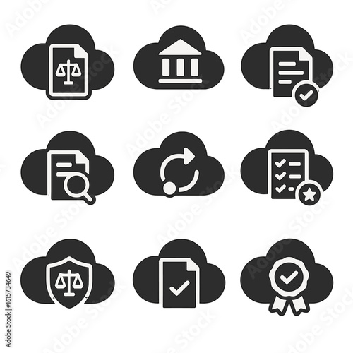 Environmental Compliance Icons. Solid style icons of environmental compliance: cloud with law document, regulatory cloud,