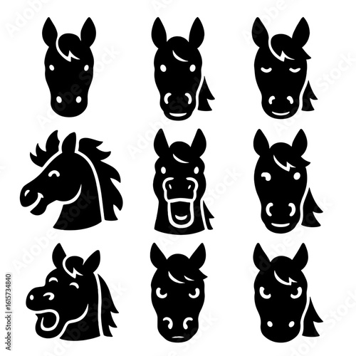 Horse Expressions Icons. Solid style icons of horse facial expressions: calm horse face, alert horse ears, blinking horse, playful