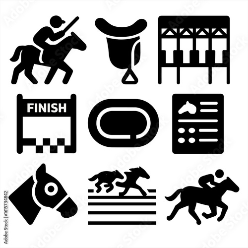Horse Racing Icons. Solid style icons of racing and track horses: jockey with whip, racing saddle, starting gate, finish line,