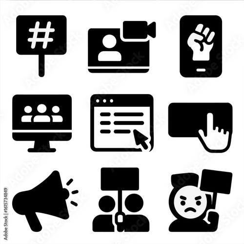 Digital Protest Icons. Solid style icons of digital protest tools: hashtag protest sign, live stream icon, protest app screen,
