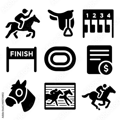 Horse Racing Icons. Solid style icons of racing and track horses: jockey with whip, racing saddle, starting gate, finish line,