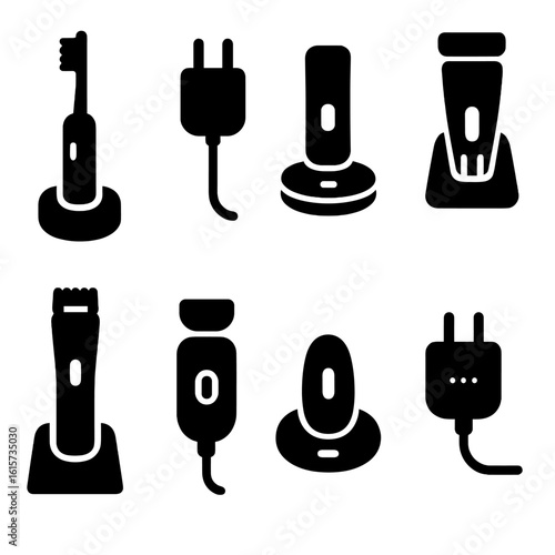 Electric Hygiene Chargers. Solid style icons of electric toothbrush and personal device chargers: brush stand charger, plug-in