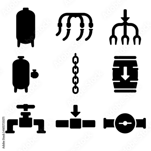 Air System Icons. Solid style icons of air storage and flow systems: storage tank, manifold hose system, flow splitter, air loop