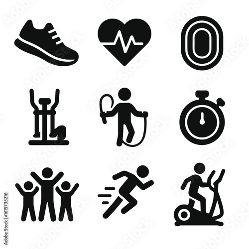 Cardio Workout Icons. Solid style icons of cardio workouts: running shoe, heart rate pulse, jogging track, stepper machine, jump