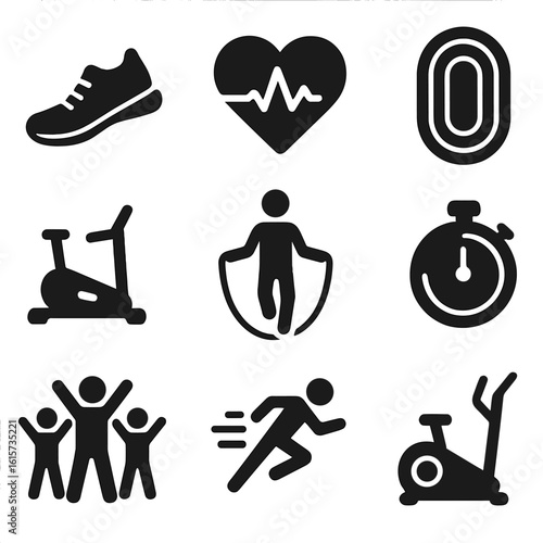 Cardio Workout Icons. Solid style icons of cardio workouts: running shoe, heart rate pulse, jogging track, stepper machine, jump