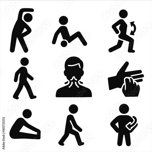 Exercise Icons Collection. Solid style icons of warm-up and cooldown: stretching figure, foam roller, joint rotation, dynamic