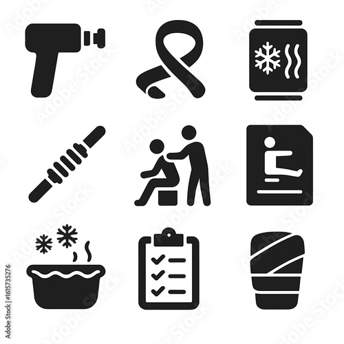 Rehabilitation Tools Icons. Solid style icons of rehabilitation and recovery: muscle therapy gun, stretching band, hot/cold pack,